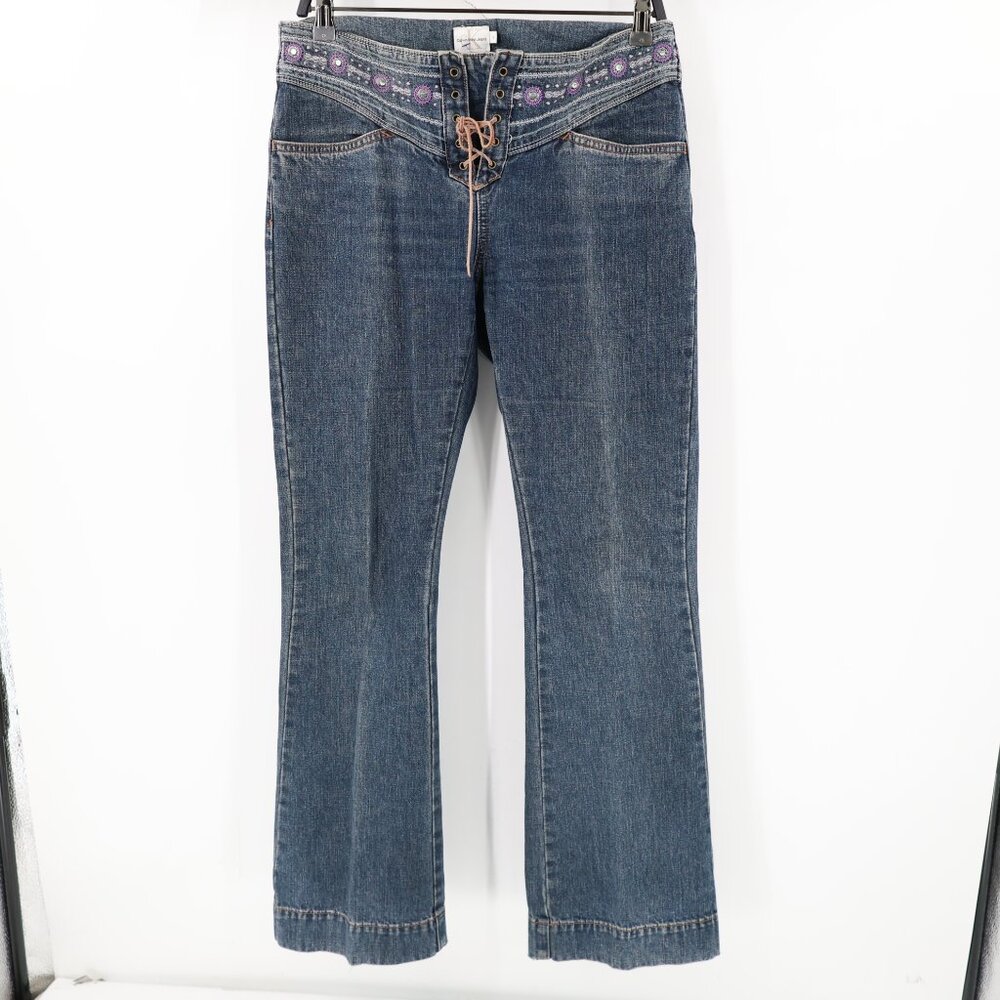 VTG Y2K Calvin Klein jeans Womens 6 Blue Denim bootcut low rise lace up beaded